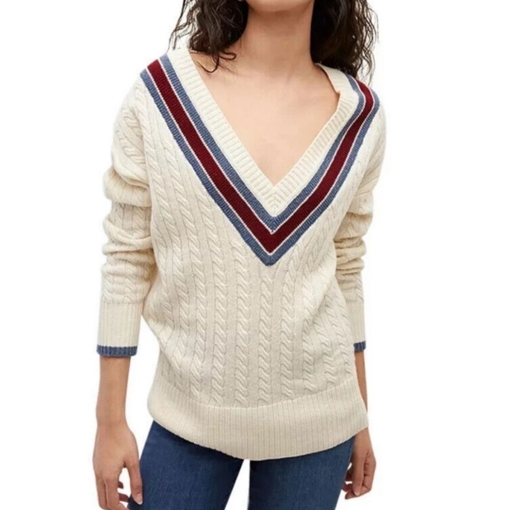 Veronica Beard Cable Knit Sweater - Cream, Red, and Blue